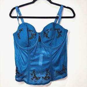 Cacique NWT Corset Blue Sheer Mesh 18/20 Stretch Boned Beaded Sexy Boudoir
